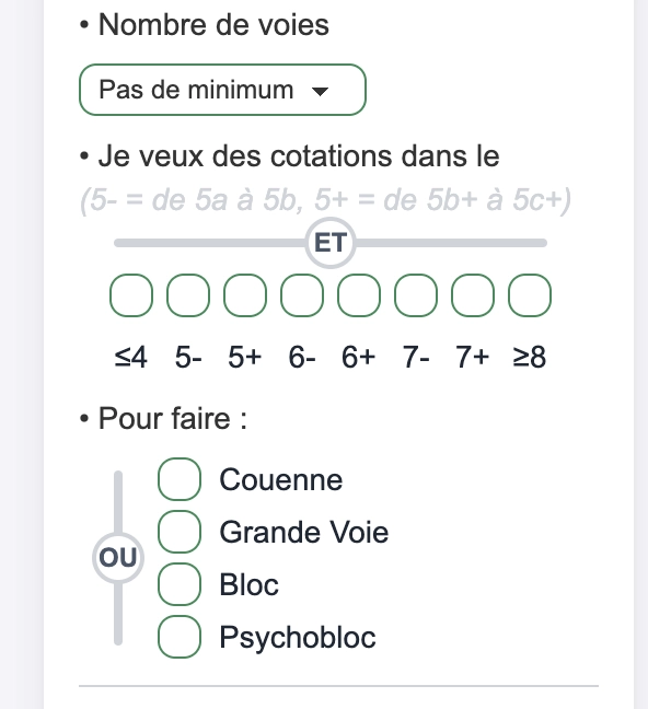 filtres par nombre de voies et type d'escalade