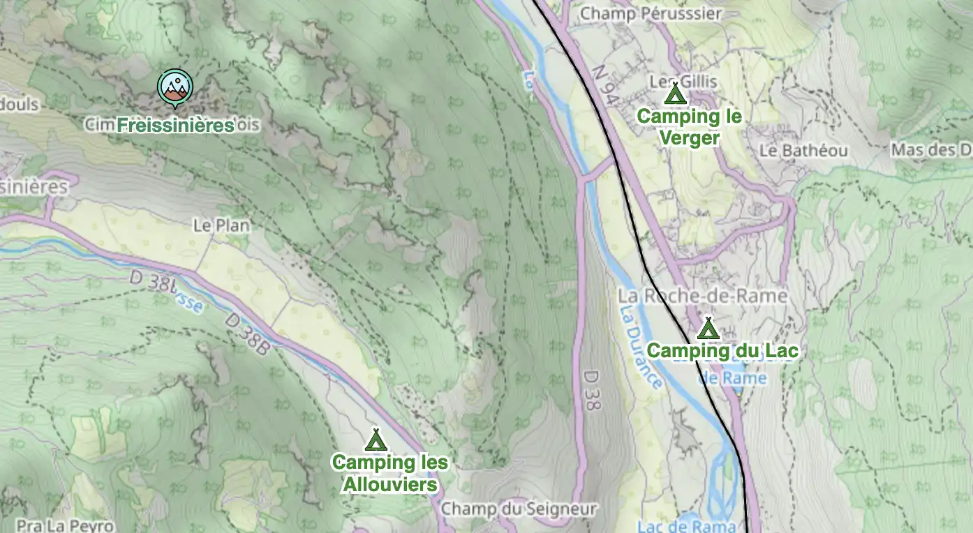 Carte avec les campings à proximité d'une falaise