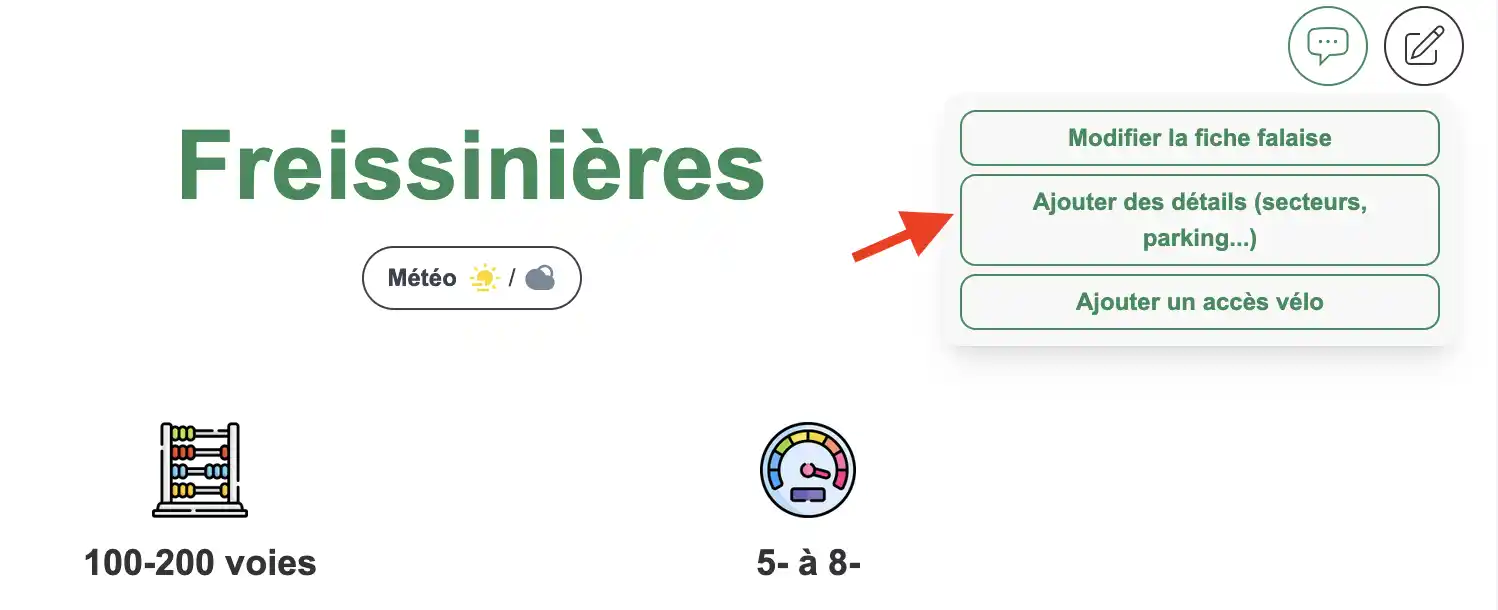 Bouton d'édition des détails d'une falaise à partir de la page falaise