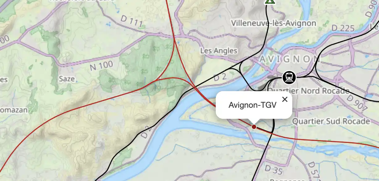 Carte avec les voies TGV en rouge